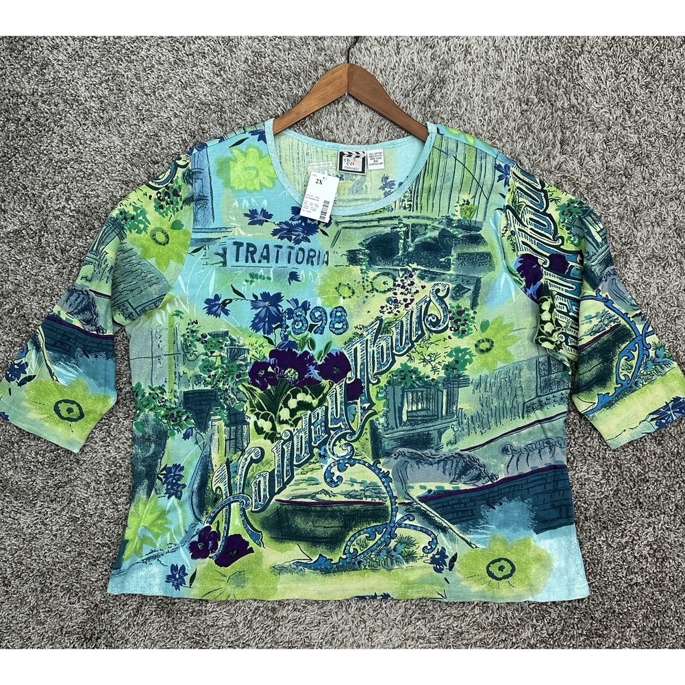 Take Two Graphic Top T shirt Sequins Artsy Green Y2K 3/4 Sleeve Womens‎ 2X NWT
